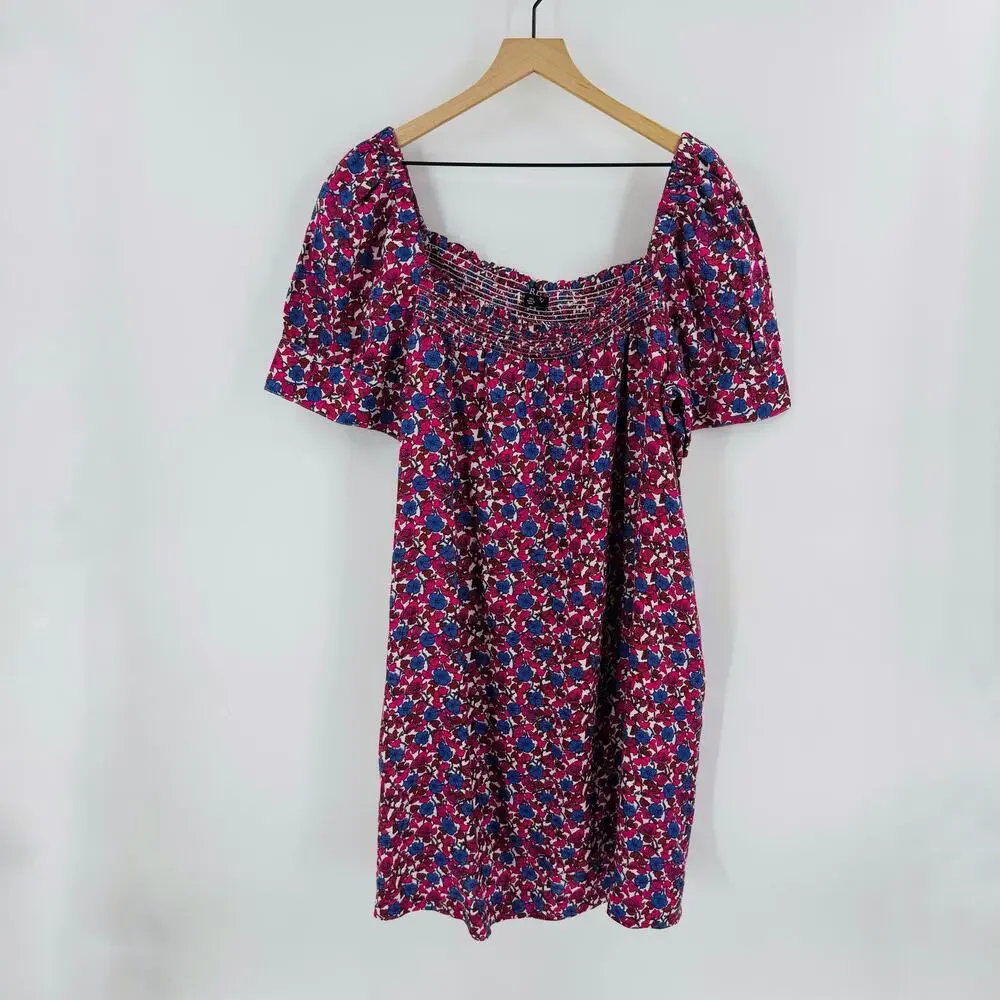 J. Crew Pink Purple Afternoon Linen Smocked‎ Mini Dress Feminine Size XXL